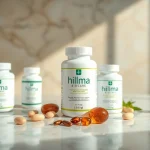 hilma biocare Produkte in eleganter Anordnung auf marmoriertem Hintergrund zeigen Wellness und Vitalität.