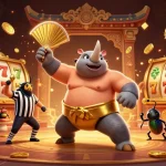 Experience สล็อตเว็บตรง action in a vibrant casino scene with dynamic beetle characters and slot reels.