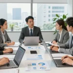 Führungsverhalten bewerten: Team im Büro diskutiert Führungskraft-Bewertungen.