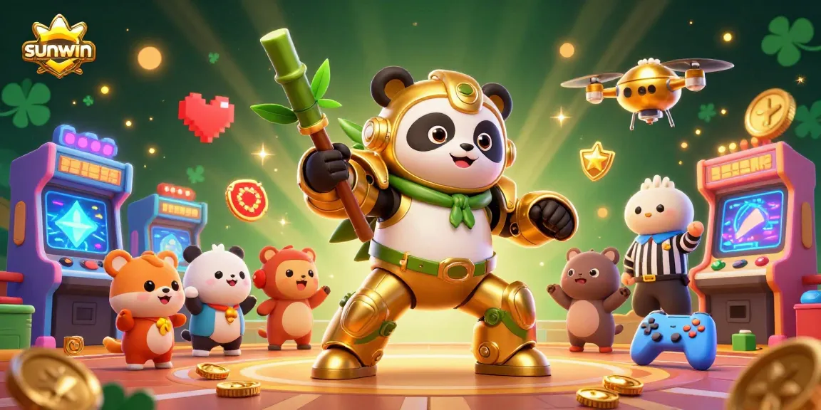 Experience the thrill of sunwin gaming with a vivid 3D illustration showing a dynamic panda in mech suit.
